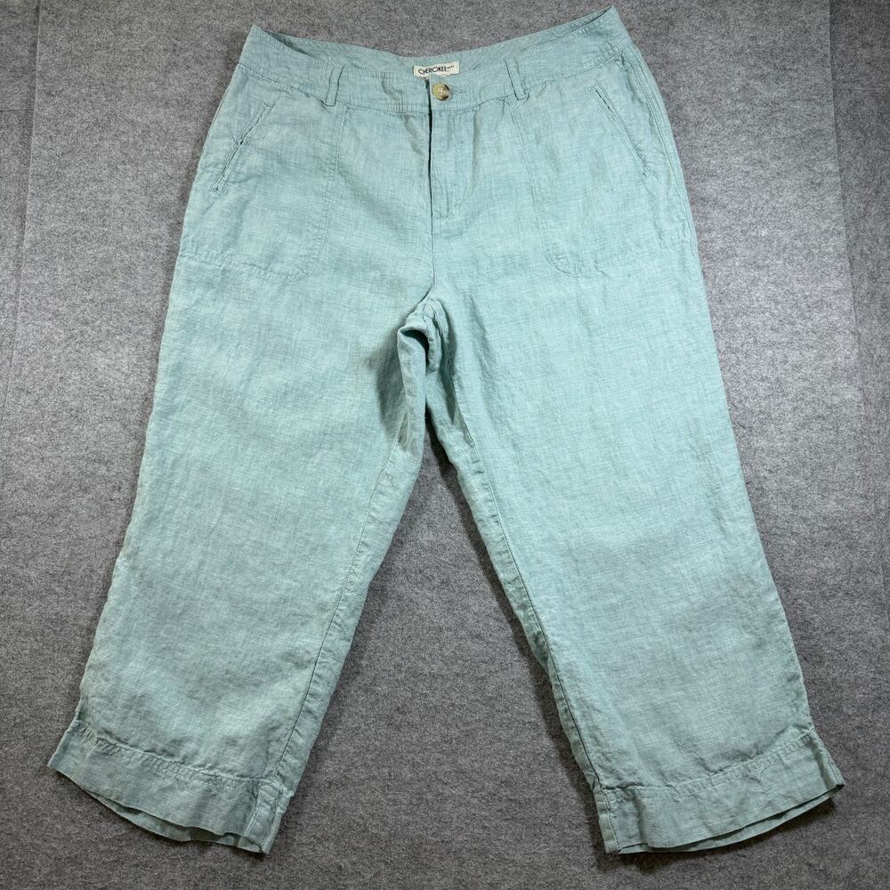 Cherokee 100% Linen Capri Pant Womens 18 Seafoam Green Relaxed Breathable Summer